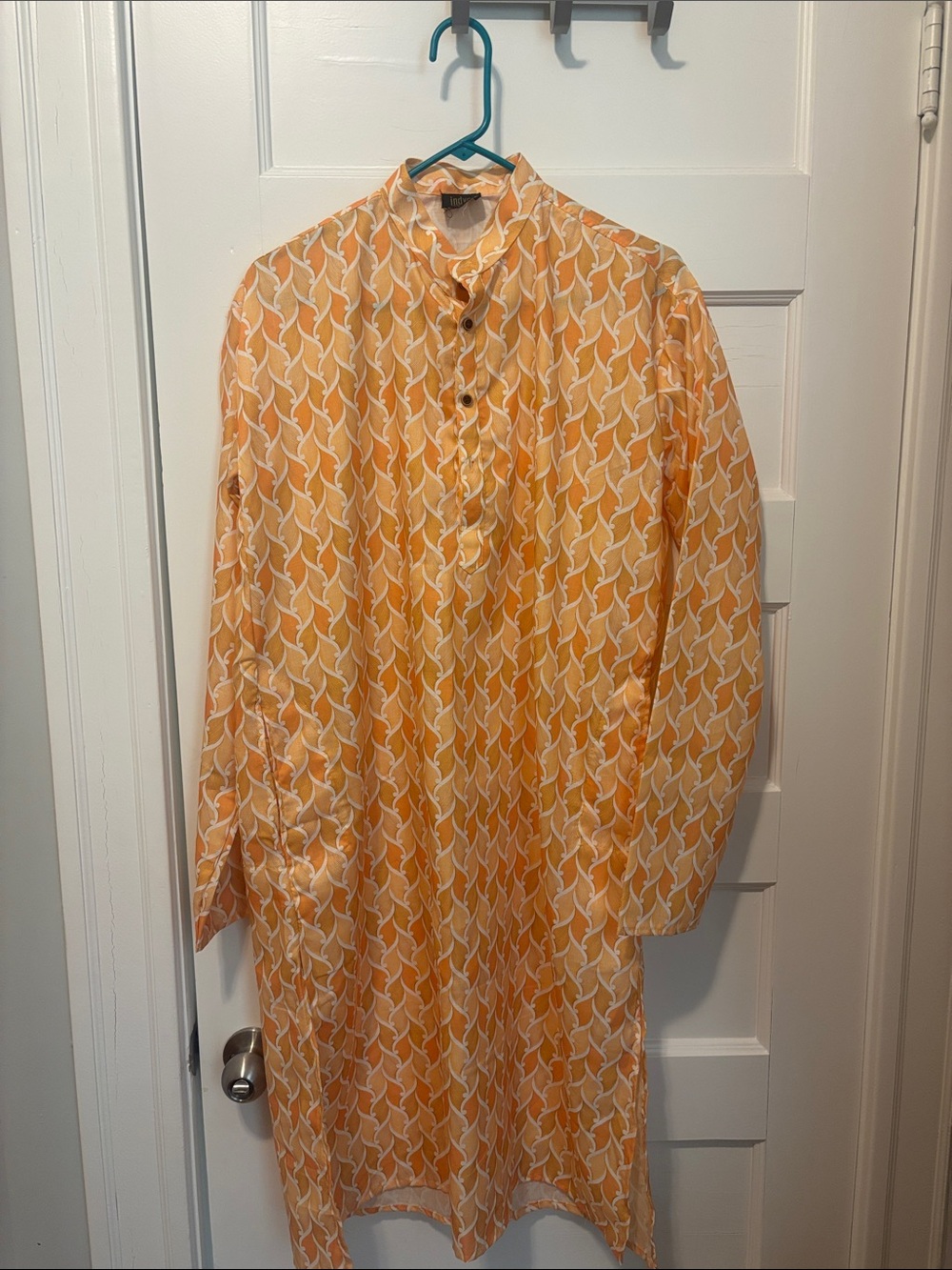 Men's Orange Printed Long Kurta with Mandarin Collar